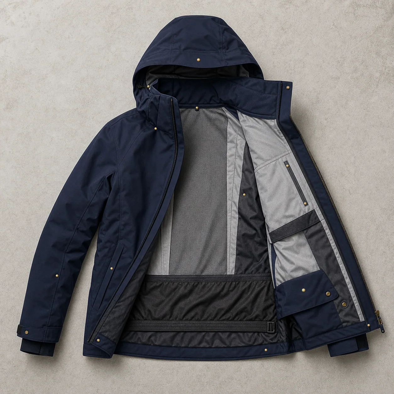 Generated explanatory concept showing ski jacket interior construction zones