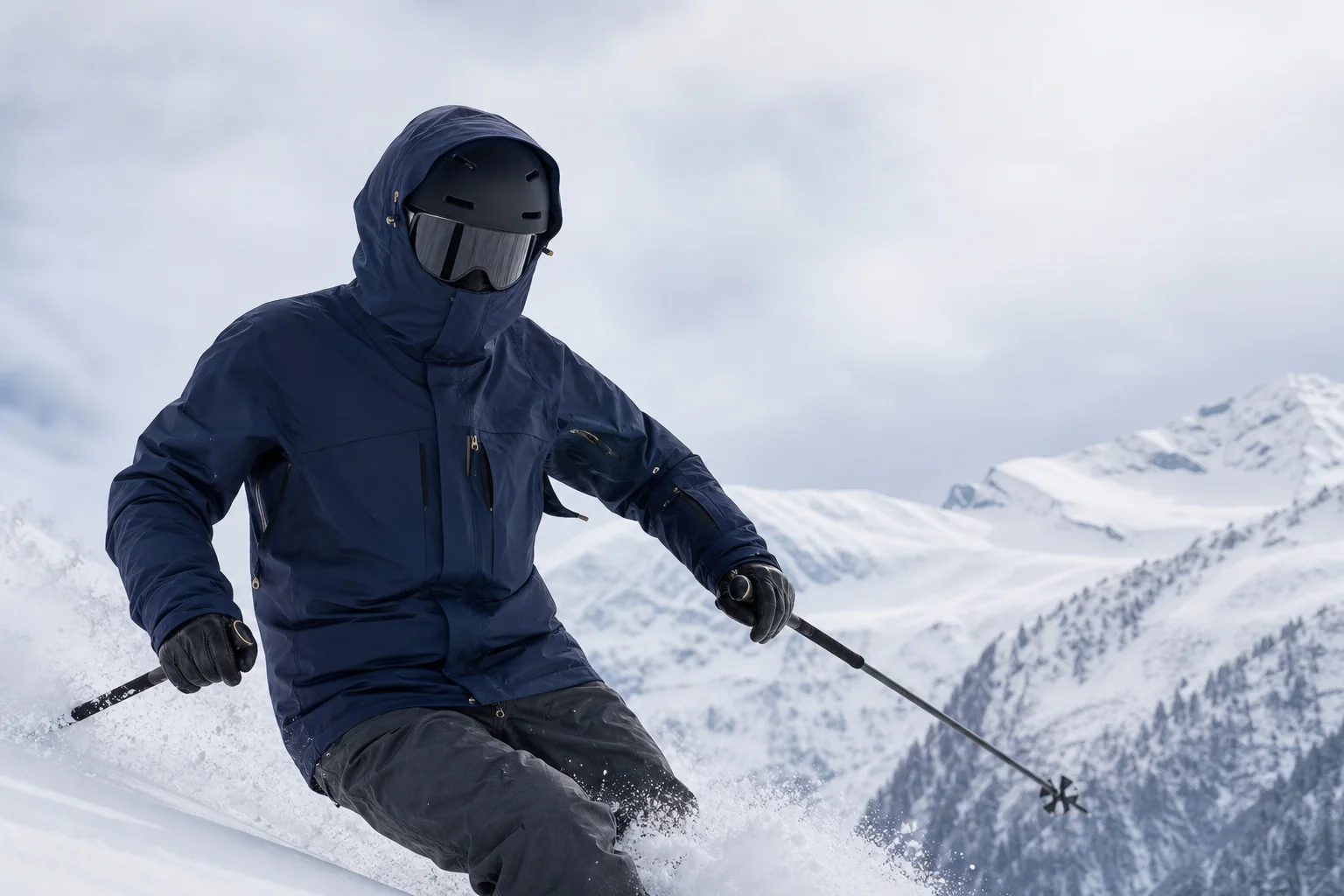 Generated editorial concept of an unbranded technical ski jacket in mountain conditions