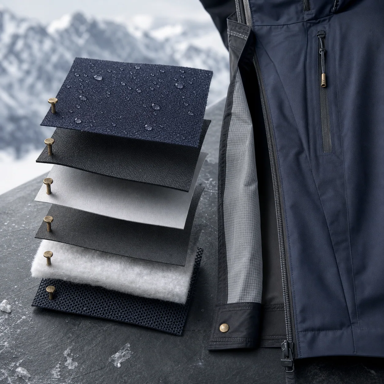 Generated explanatory concept of an abstract ski jacket material stack