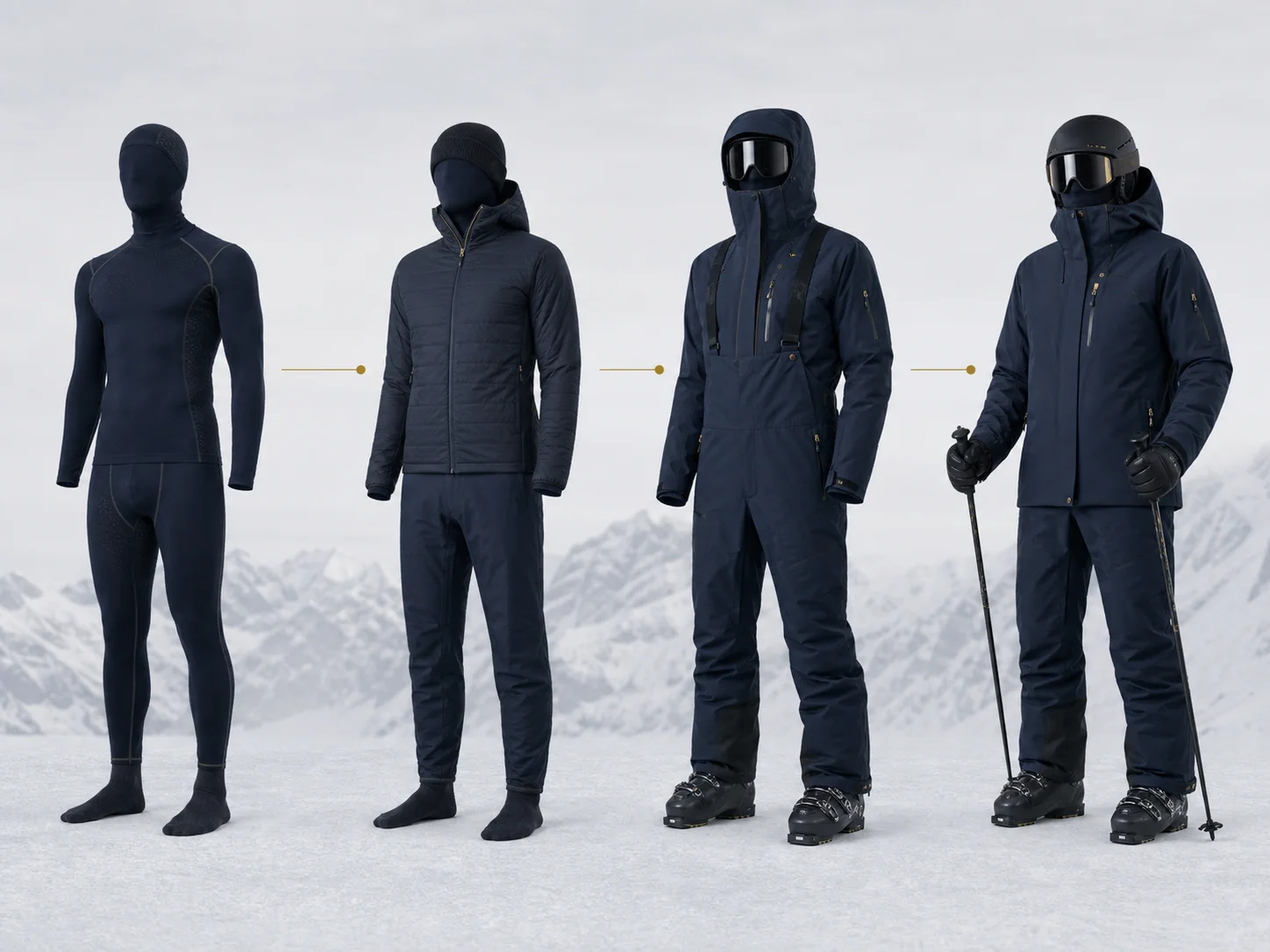 Generated explanatory concept of coordinated skiwear layer roles