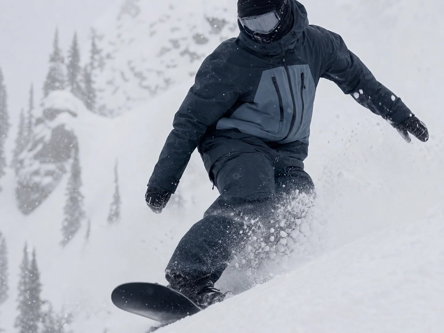 Generated editorial concept of unbranded freeride snowboard outerwear