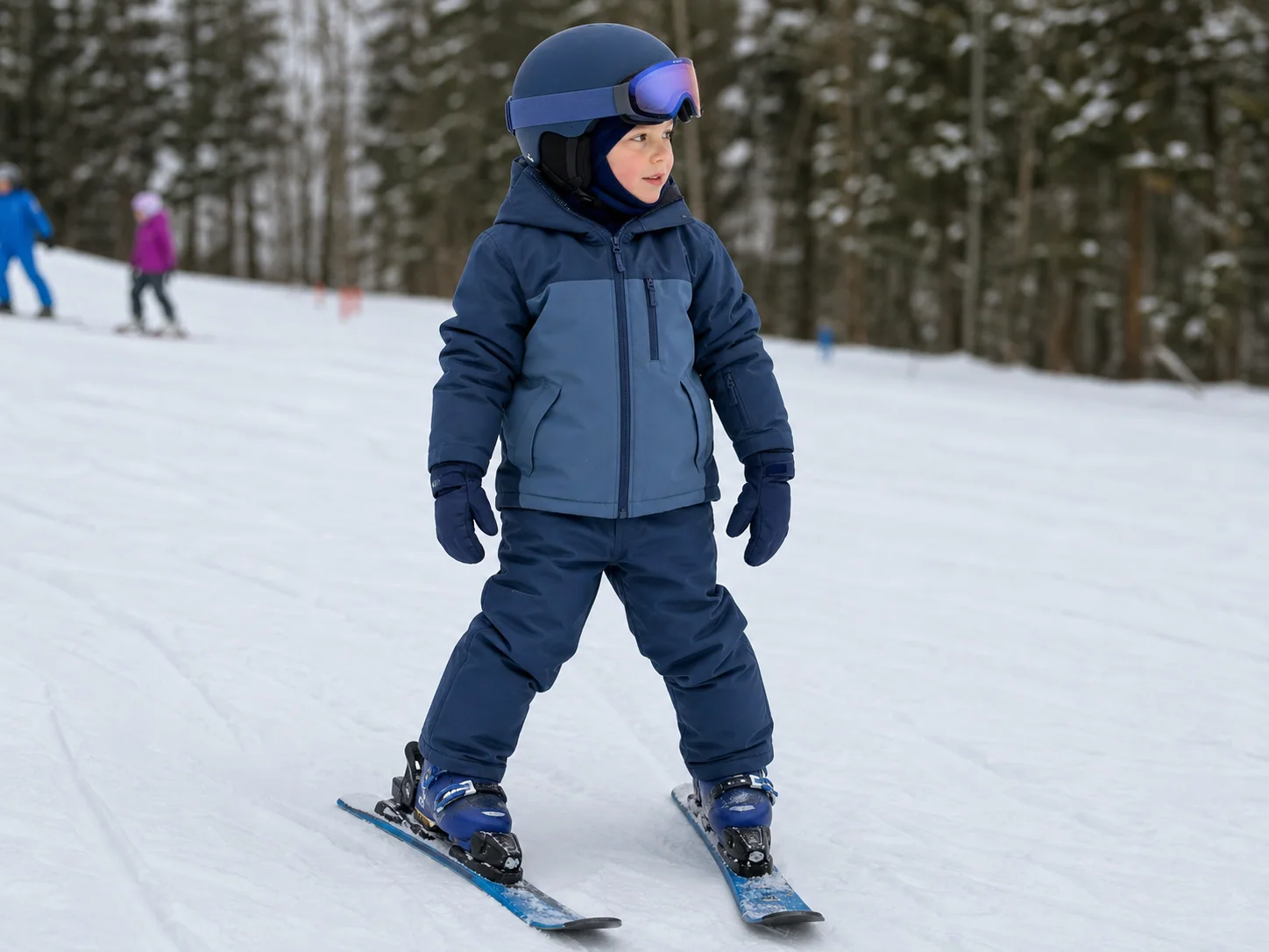 Generated editorial concept of age-appropriate unbranded kids skiwear