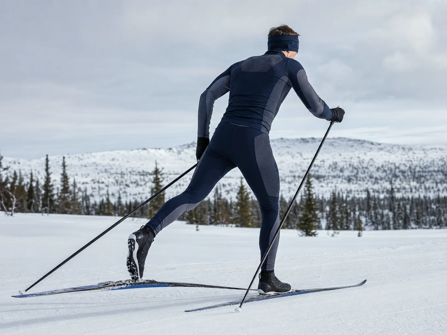 Generated editorial concept of unbranded Nordic ski apparel during a cross-country stride