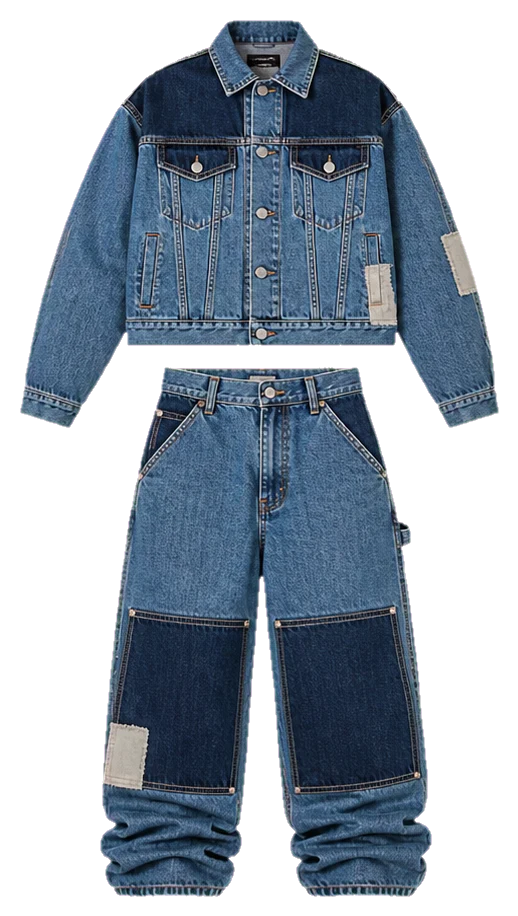 Boxy denim jacket and baggy carpenter jean development direction
