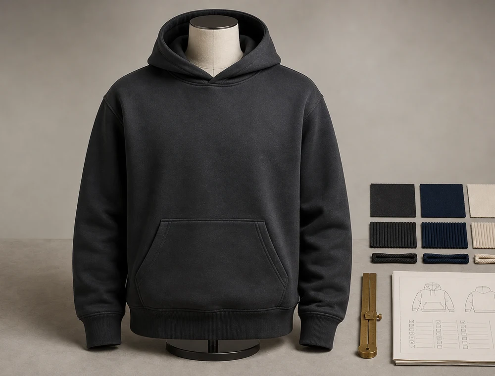 Illustrative approved hoodie sample with fabric swatches and specification record
