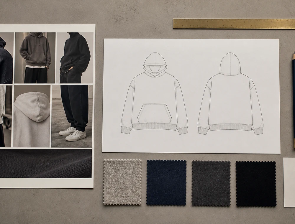 Illustrative streetwear brief with reference board, hoodie sketch and fabric swatches