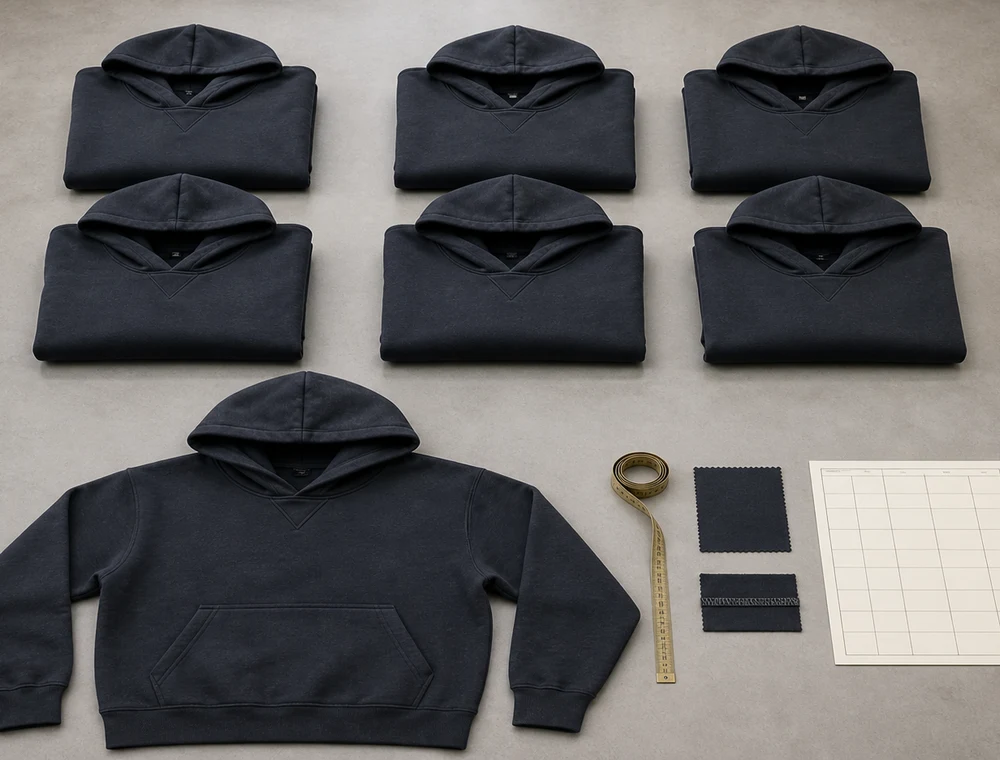 Illustrative bulk review of matching hoodies with inspection and measurement tools