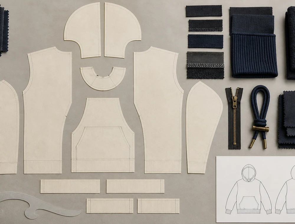 Illustrative engineering stage with hoodie pattern pieces, trims, swatches and measurement tools