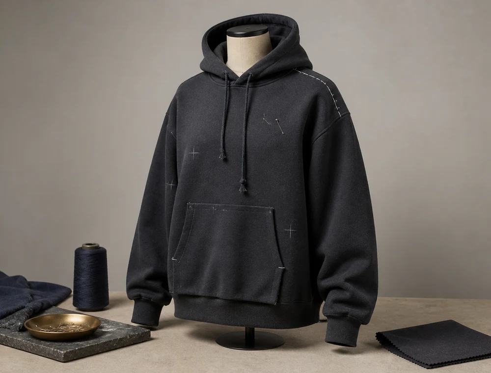 Illustrative first streetwear sample on a tailor form with chalk marks and basting