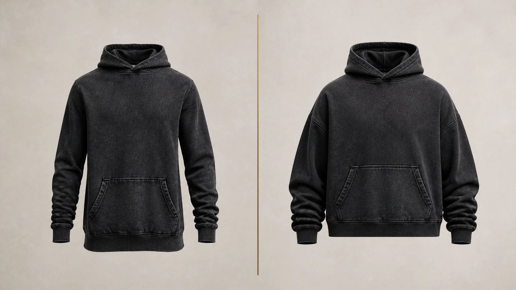 Illustrative same-angle comparison of a first streetwear hoodie sample and the approved corrected sample