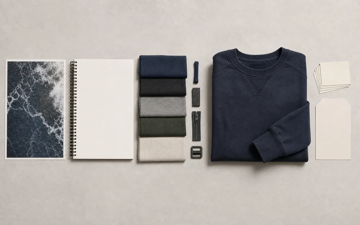 Representative streetwear development flat lay with fabrics, garment and planning record
