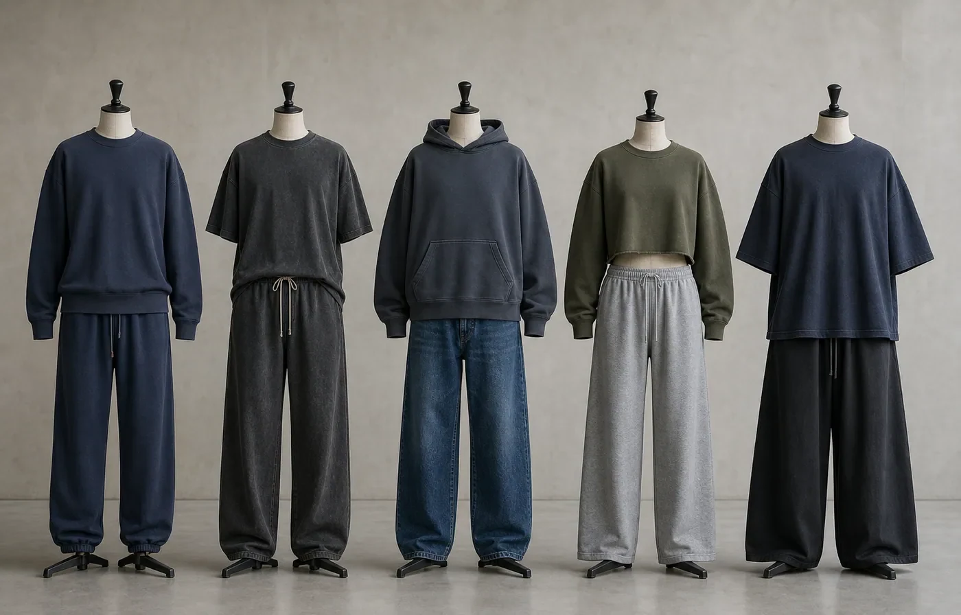 Representative streetwear fit lineup showing proportional differences across coordinated silhouettes