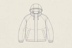 Technical line drawing of a streetwear hooded jacket