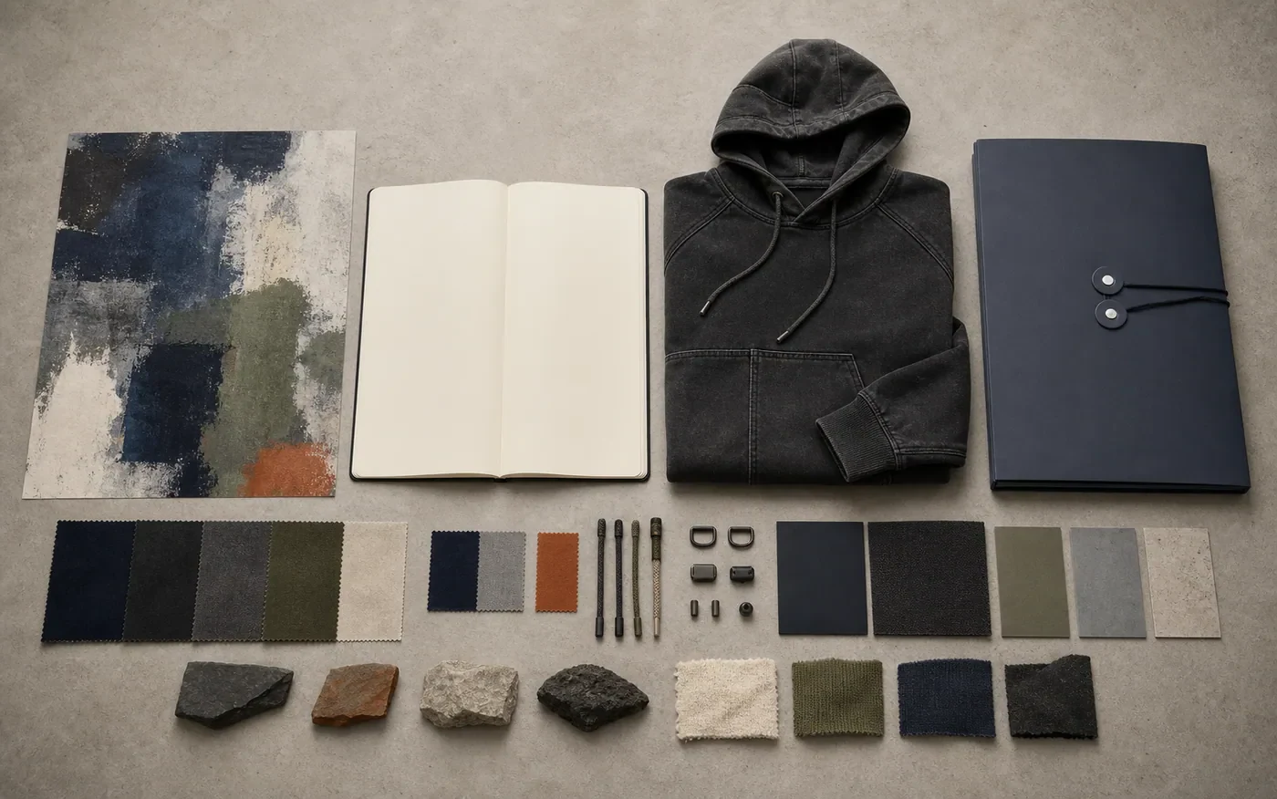 Representative evidence review worktable with garment, trims and records