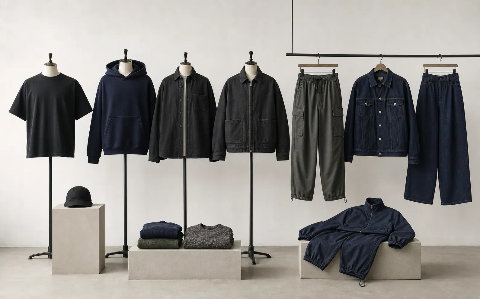 Representative streetwear product family lineup with tops, fleece, outerwear, bottoms and denim