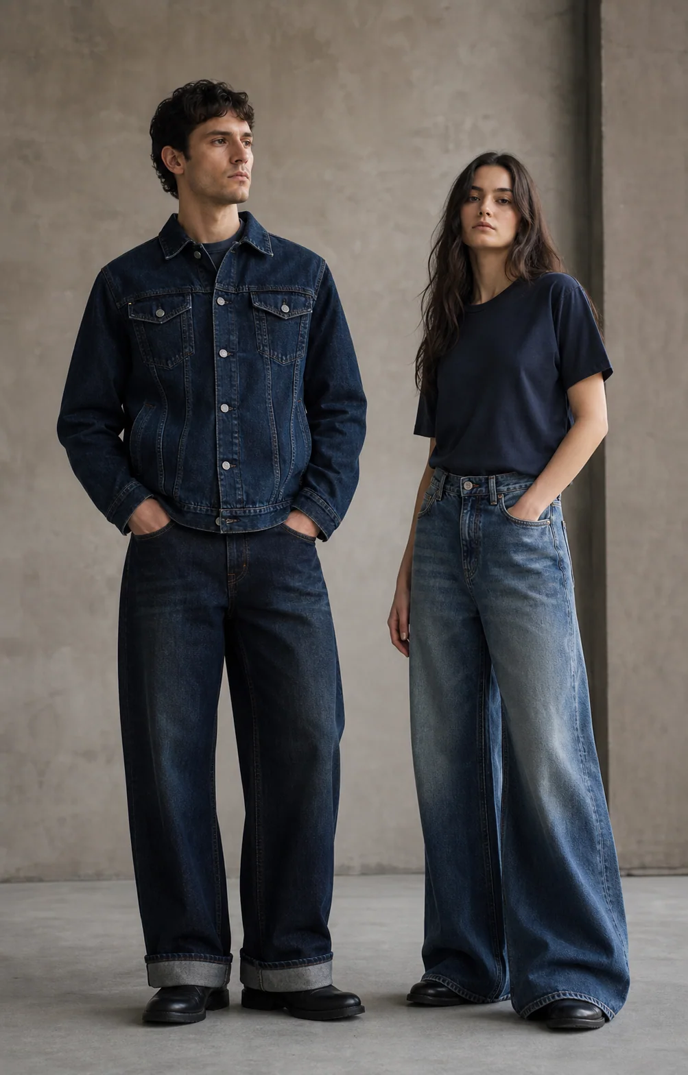 Generated editorial concept of unbranded streetwear denim jeans, jackets, shirts, and shorts