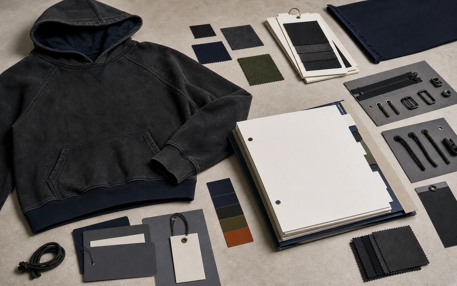 Generated explanatory worktable of controlled streetwear tech packs, BOMs, samples, revisions, inspections, and repeat-order records