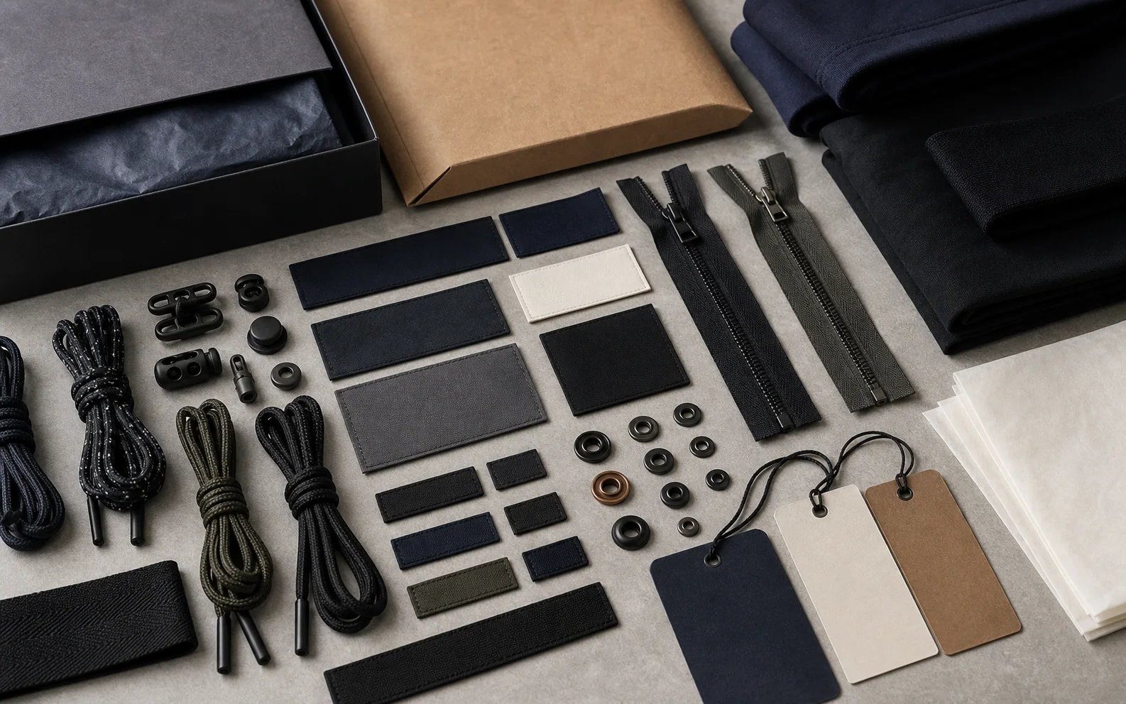 Generated explanatory worktable of private labels, trims, hardware, hangtags, packaging, barcodes, and cartons
