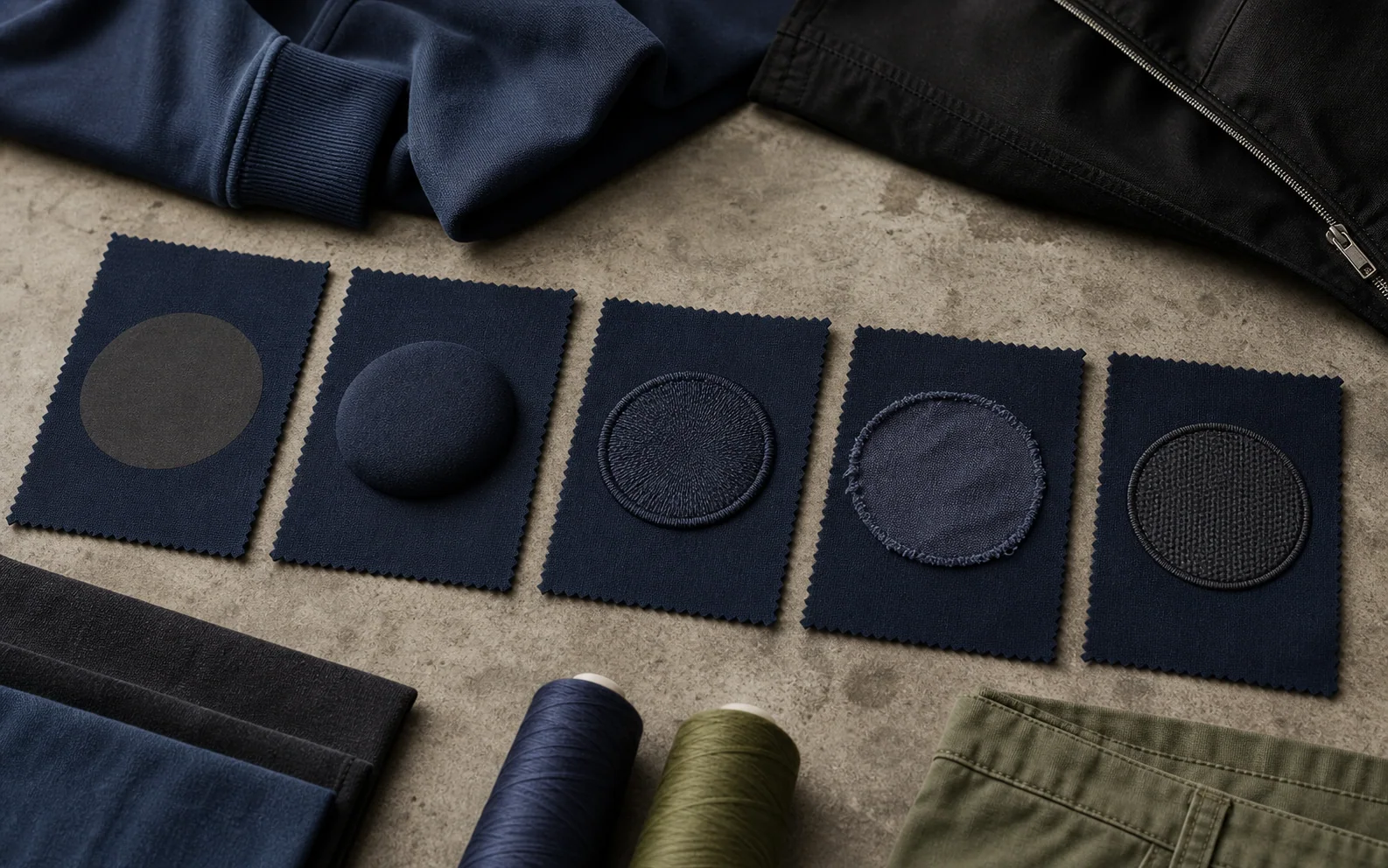Generated explanatory textile plate comparing unbranded print, embroidery, applique, and patch surfaces