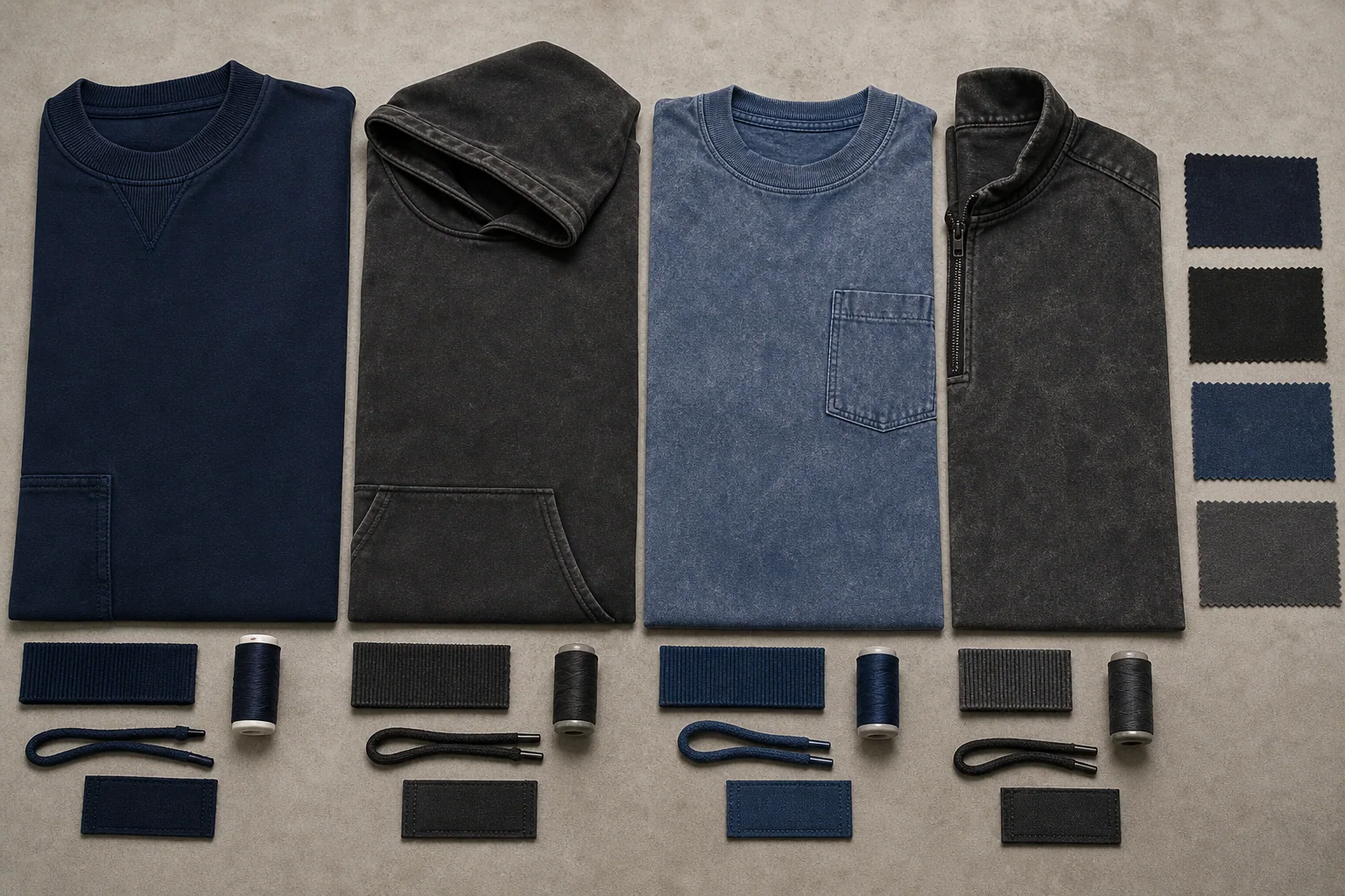 Generated explanatory garment panels showing controlled shade, fade, abrasion, and washed surfaces