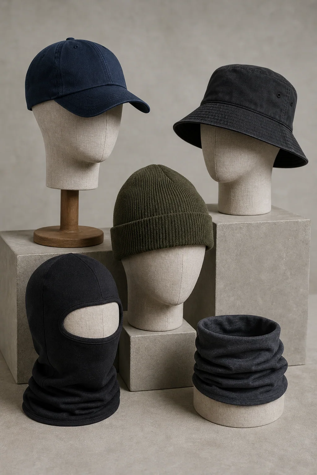 Generated editorial concept of unbranded streetwear caps, bucket hats, beanies, balaclavas, and gaiters