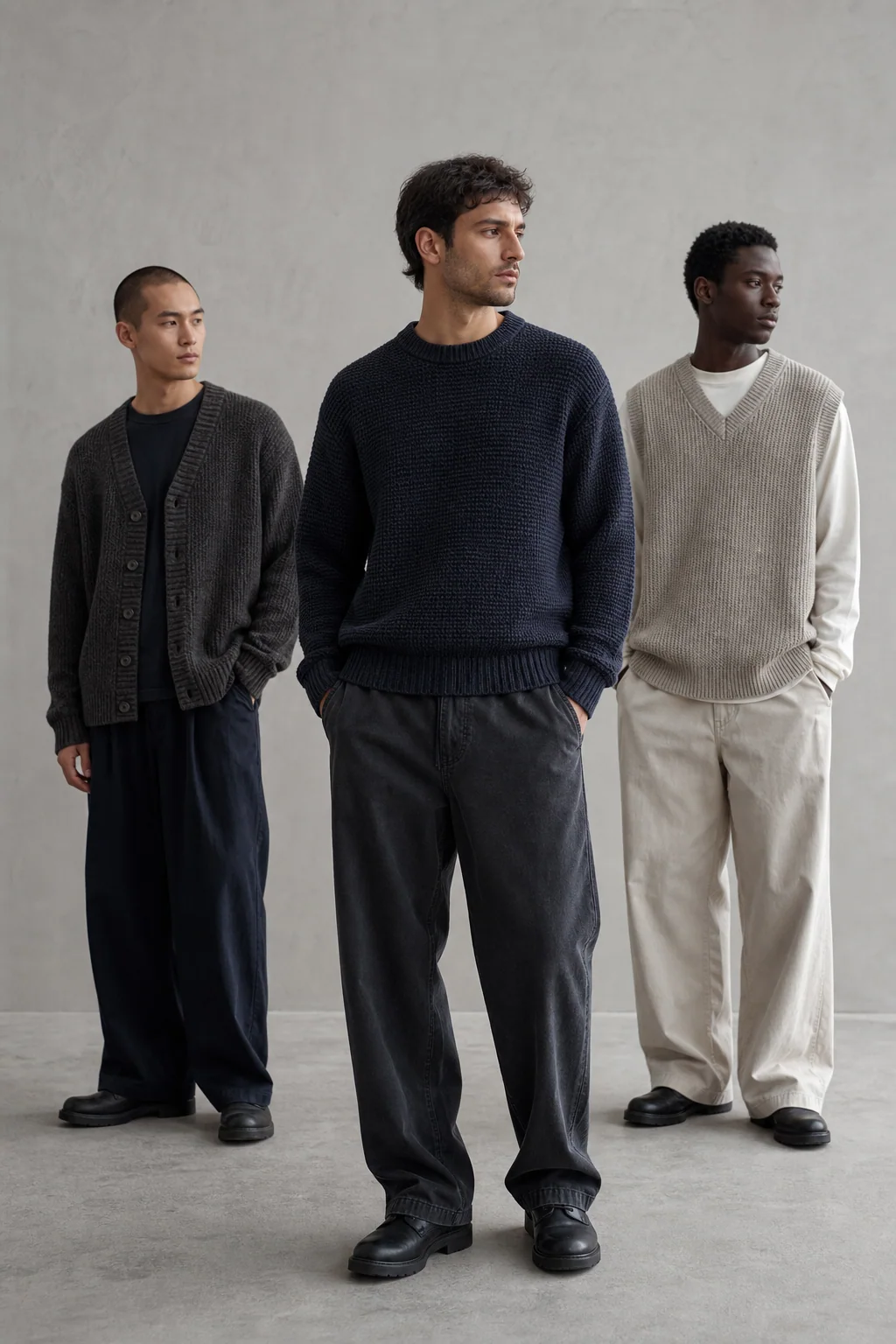 Generated editorial concept of unbranded streetwear sweaters, cardigans, vests, and knit polos