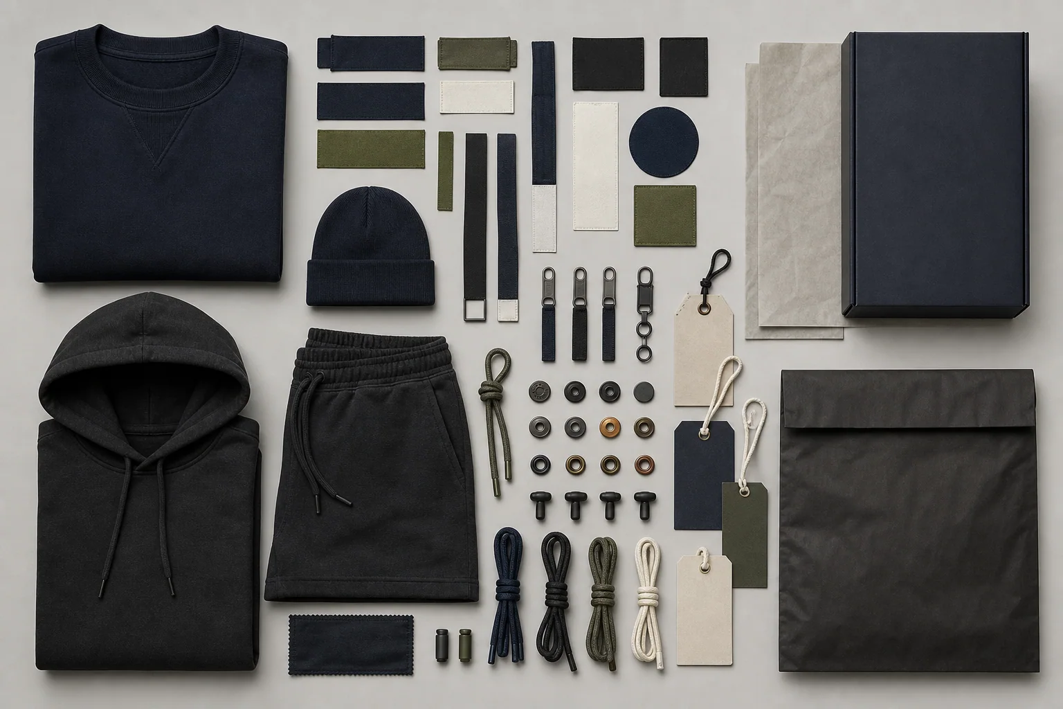 Generated explanatory plate of labels, zippers, snaps, cords, patches, barcodes, bags, and carton markings