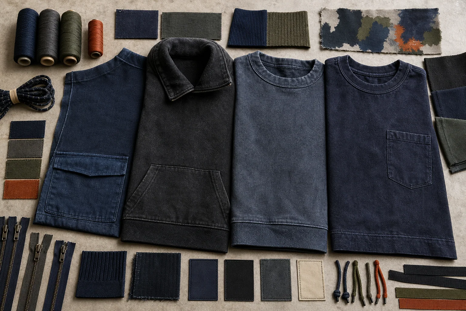 Generated explanatory fabric, thread, rib, label, and decoration samples around washed garment panels