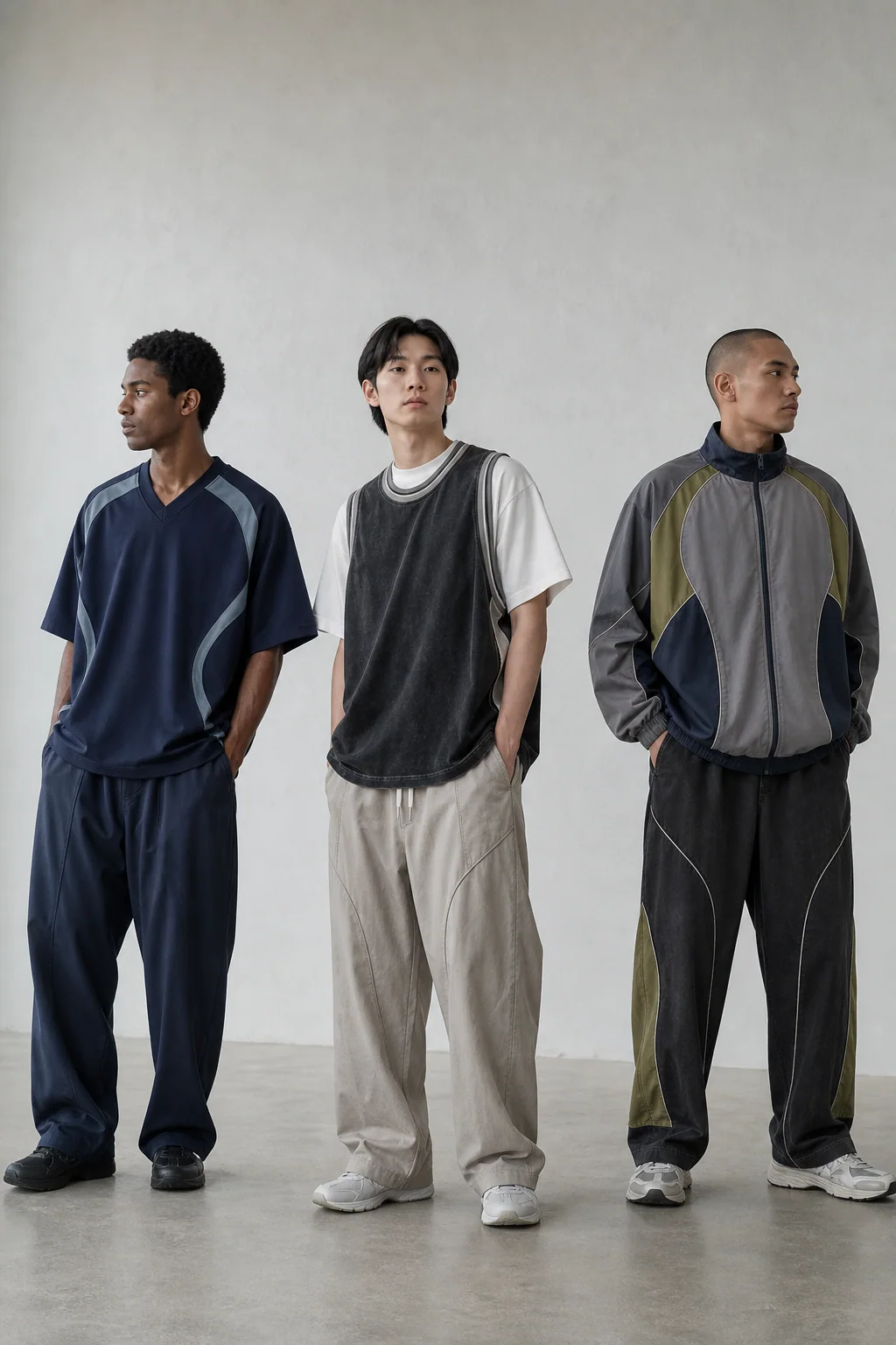 Generated editorial concept of original unbranded sport-inspired jerseys and streetwear warm-ups