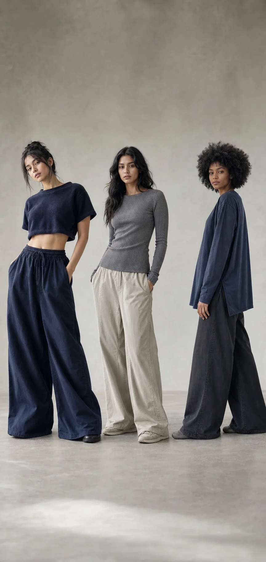 Generated editorial concept of unbranded women's streetwear tops, fleece, bottoms, dresses, sets, and outer layers