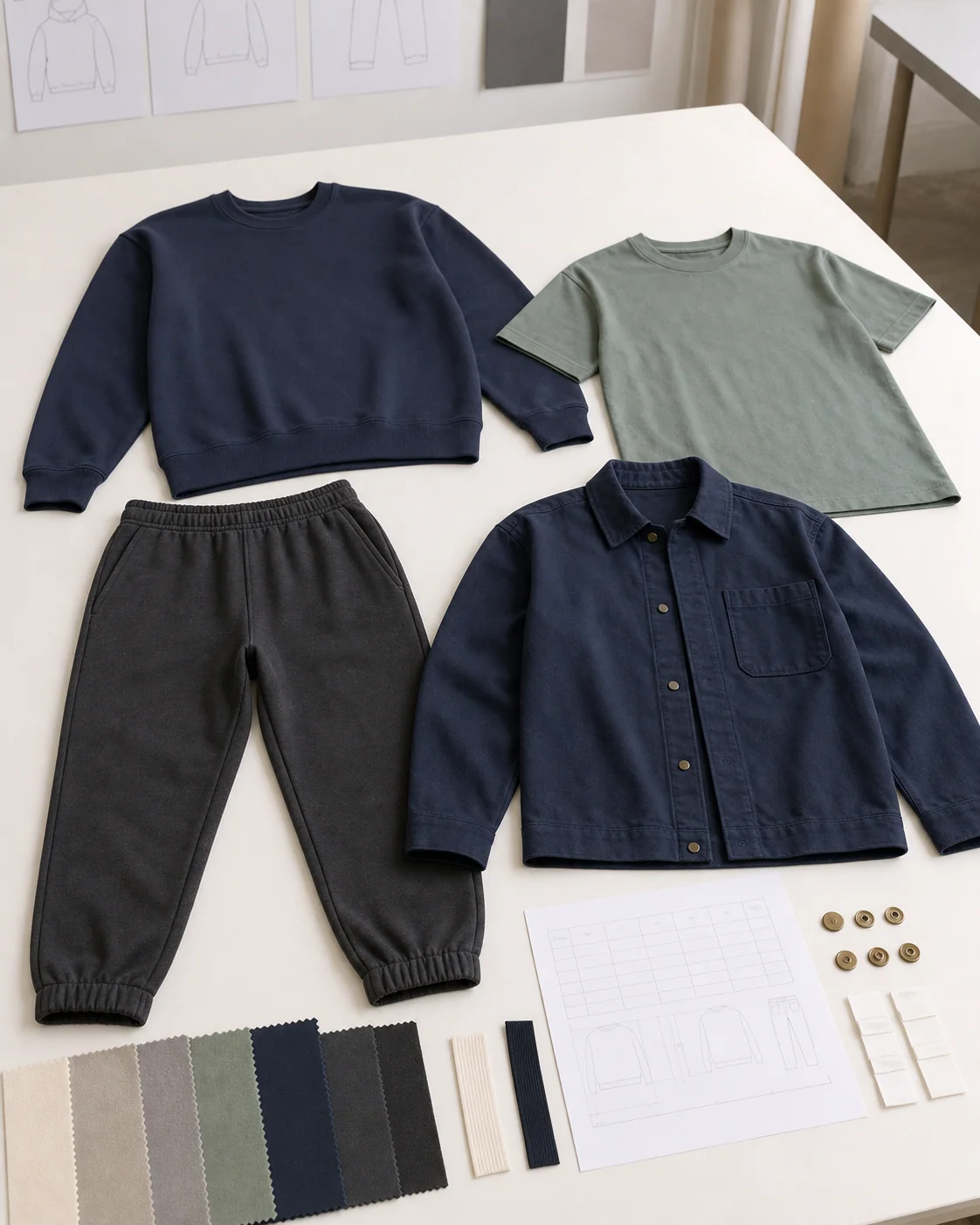 Generated explanatory youth streetwear capsule with garments, fabric swatches, measurement sheet, elastic, labels, and restrained trims
