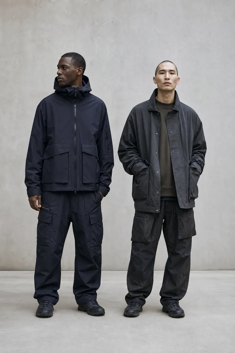Representative dark technical streetwear jacket and utility bottom