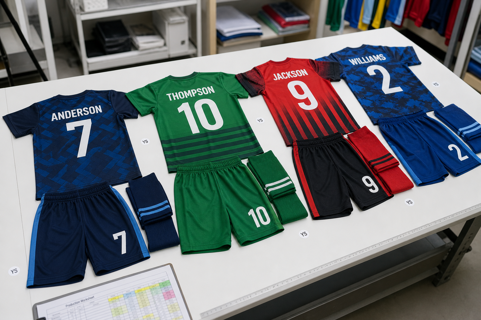 Sublimated youth soccer kits arranged on a factory sample-room table with mixed sizes, names, numbers, and socks
