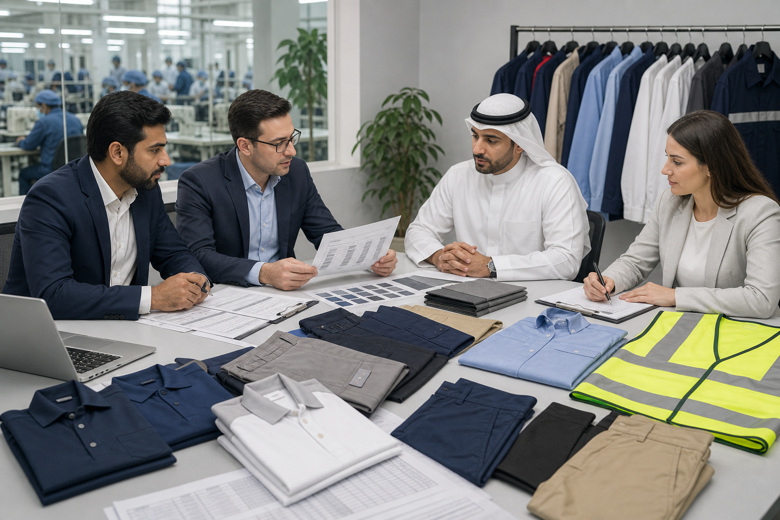 UAE-focused corporate uniform sourcing meeting with shirts, trousers, hi-vis vest, color cards, and procurement documents on the table
