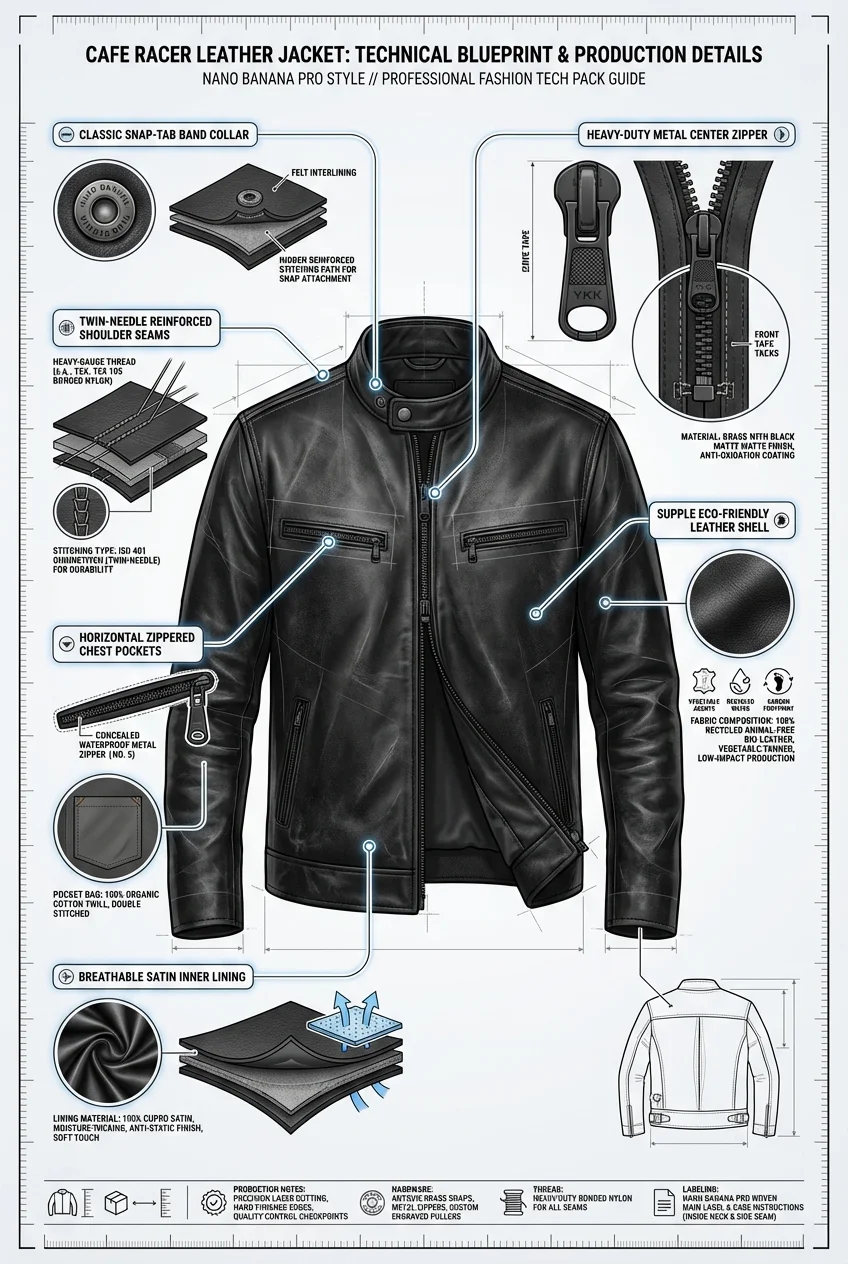 Men's Premium Cafe Racer Eco-Leather Jacket manufacturing detail 7