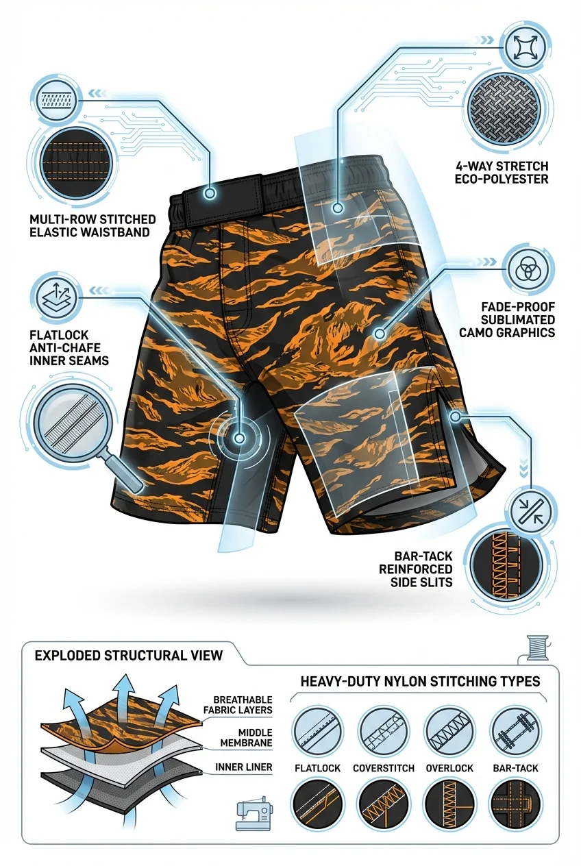 Premium Tiger Stripe Camo MMA Grappling Shorts - Custom Wholesale manufacturing detail 7