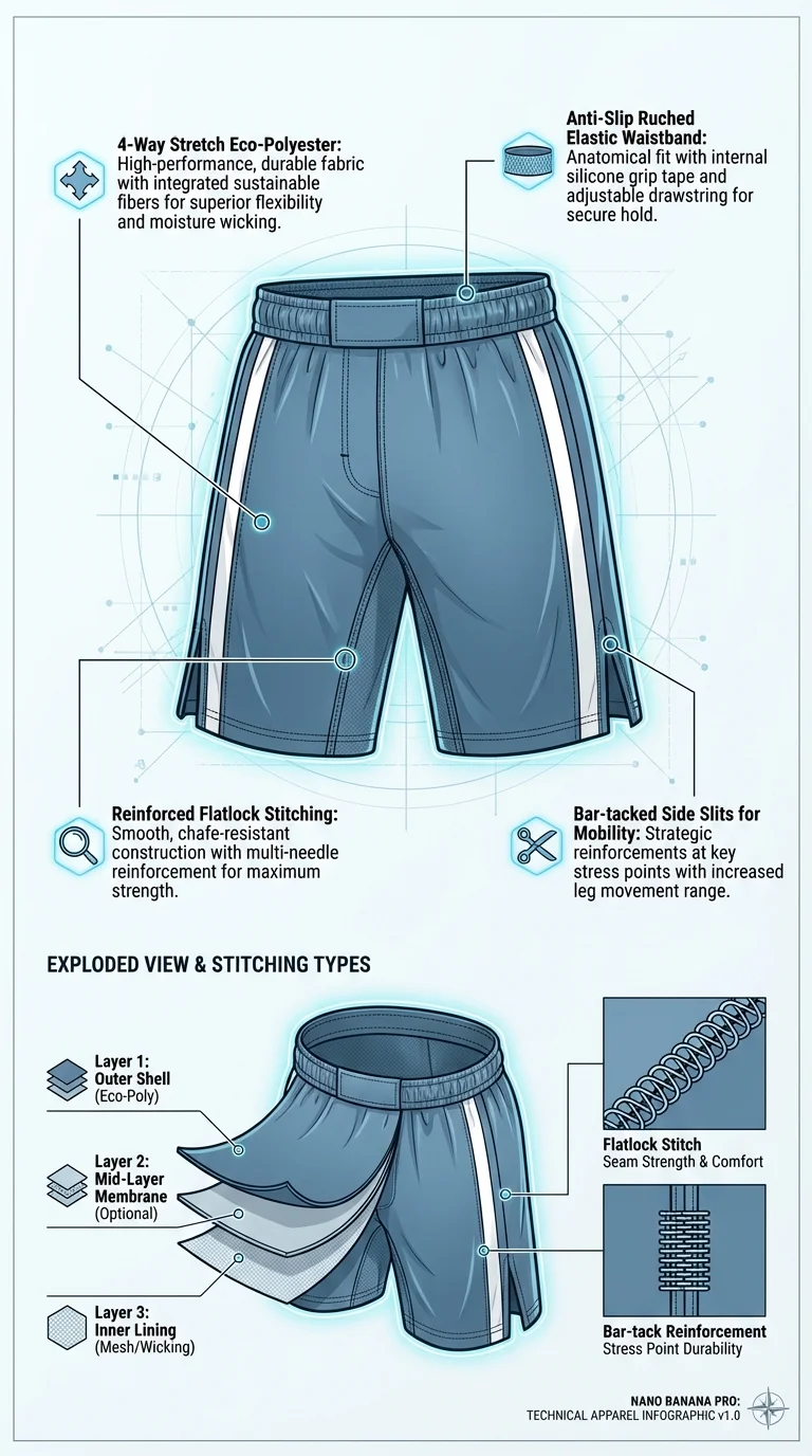 Premium No-Gi Grappling MMA Shorts with Side Stripes manufacturing detail 7