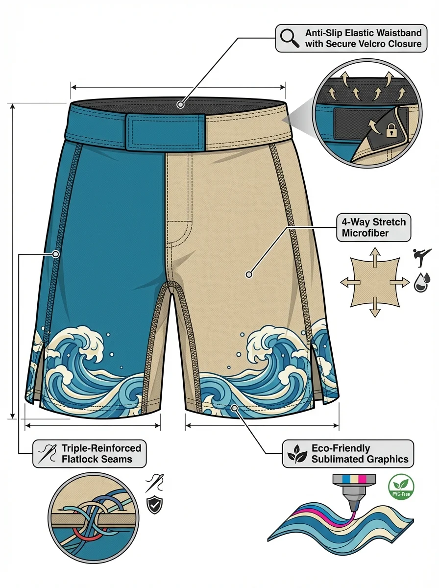 Custom Two-Tone No-Gi Grappling MMA Shorts manufacturing detail 7