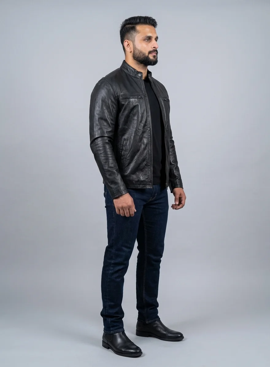 Men's Premium Cafe Racer Eco-Leather Jacket manufacturing detail 3
