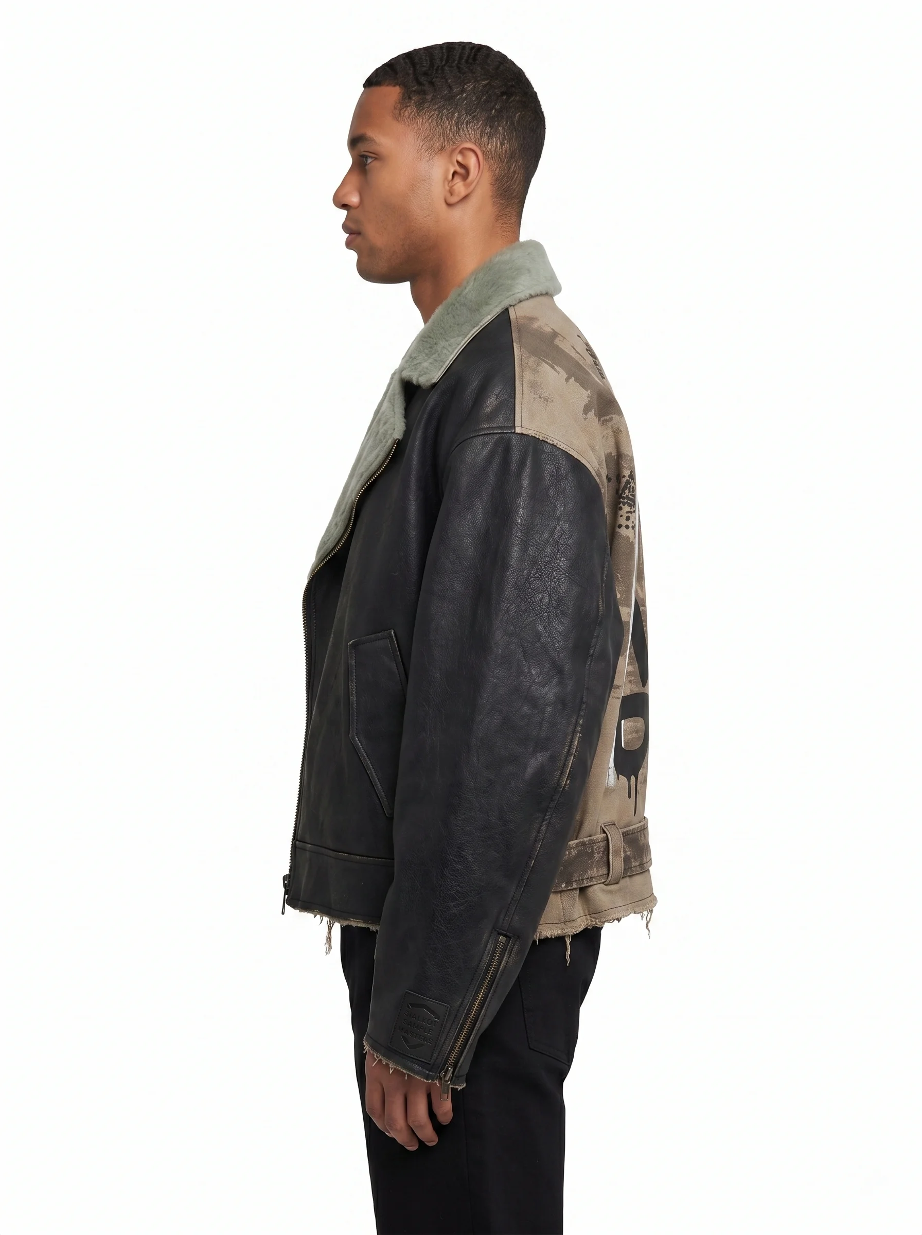 Men's Custom Faux Leather Shearling Aviator Jacket Vintage Distressed Biker Coat Winter Streetwear Outerwear by Ayzelify OEM manufacturing detail 3