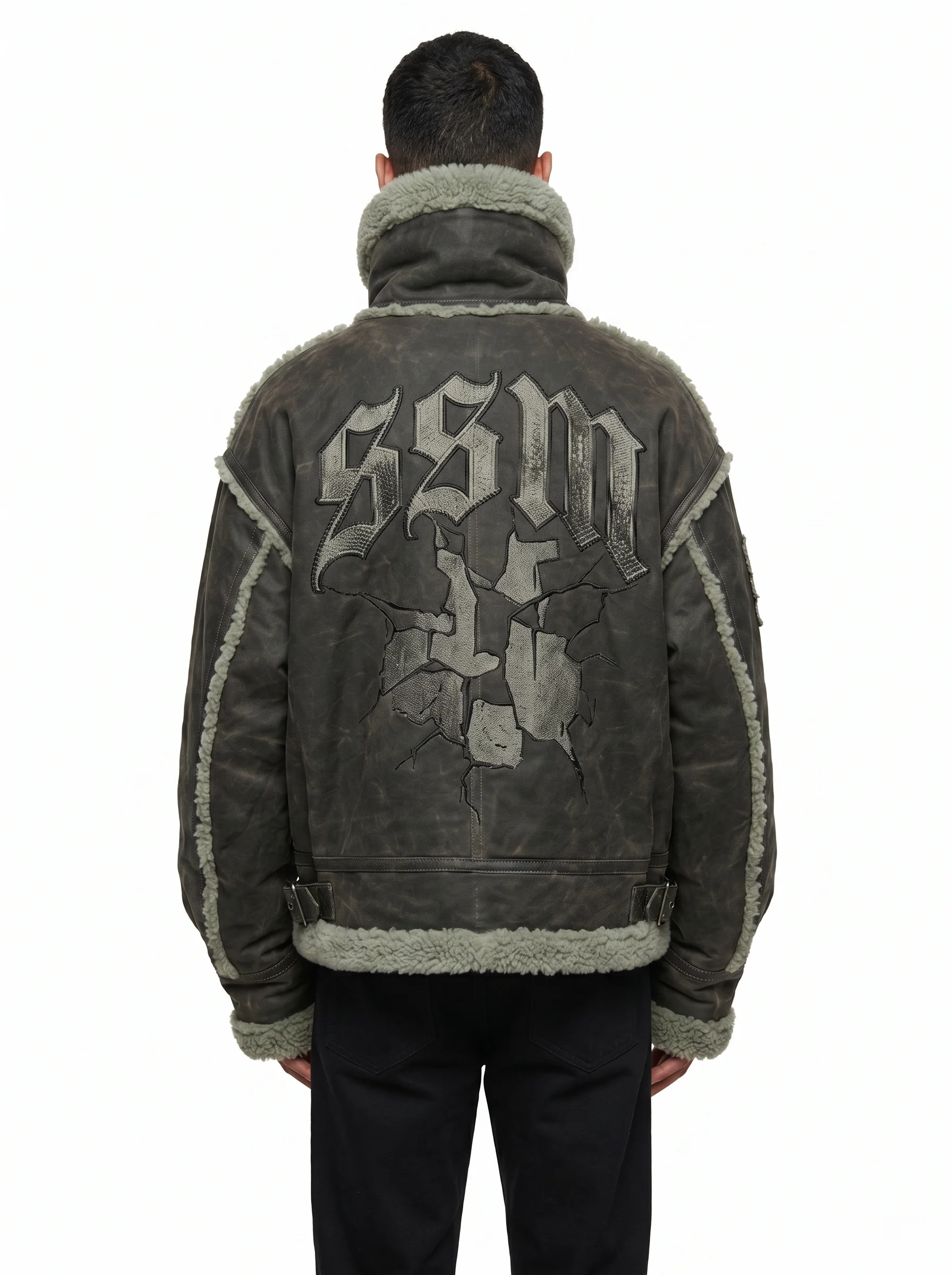 Custom OEM Brutalist B-3 Aviator Shearling Jacket Heavyweight Waxed Canvas Crop Drop Shoulder Streetwear Men Ayzelify manufacturing detail 2