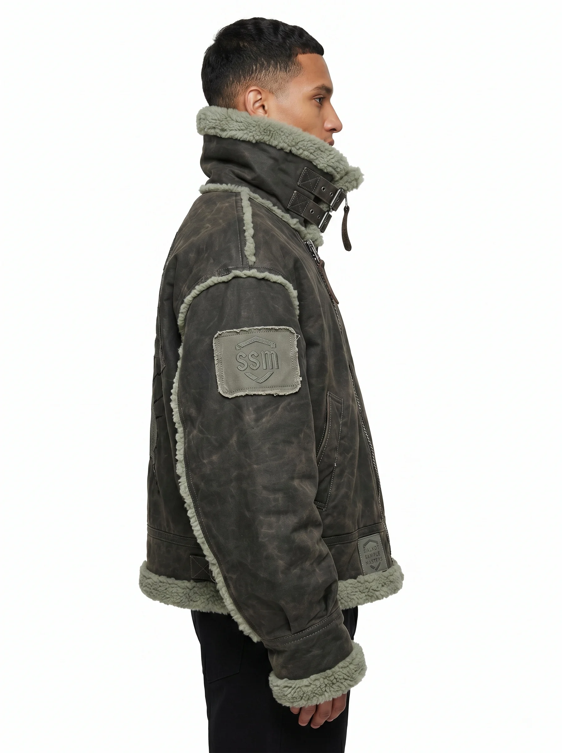 Custom OEM Brutalist B-3 Aviator Shearling Jacket Heavyweight Waxed Canvas Crop Drop Shoulder Streetwear Men Ayzelify manufacturing detail 3