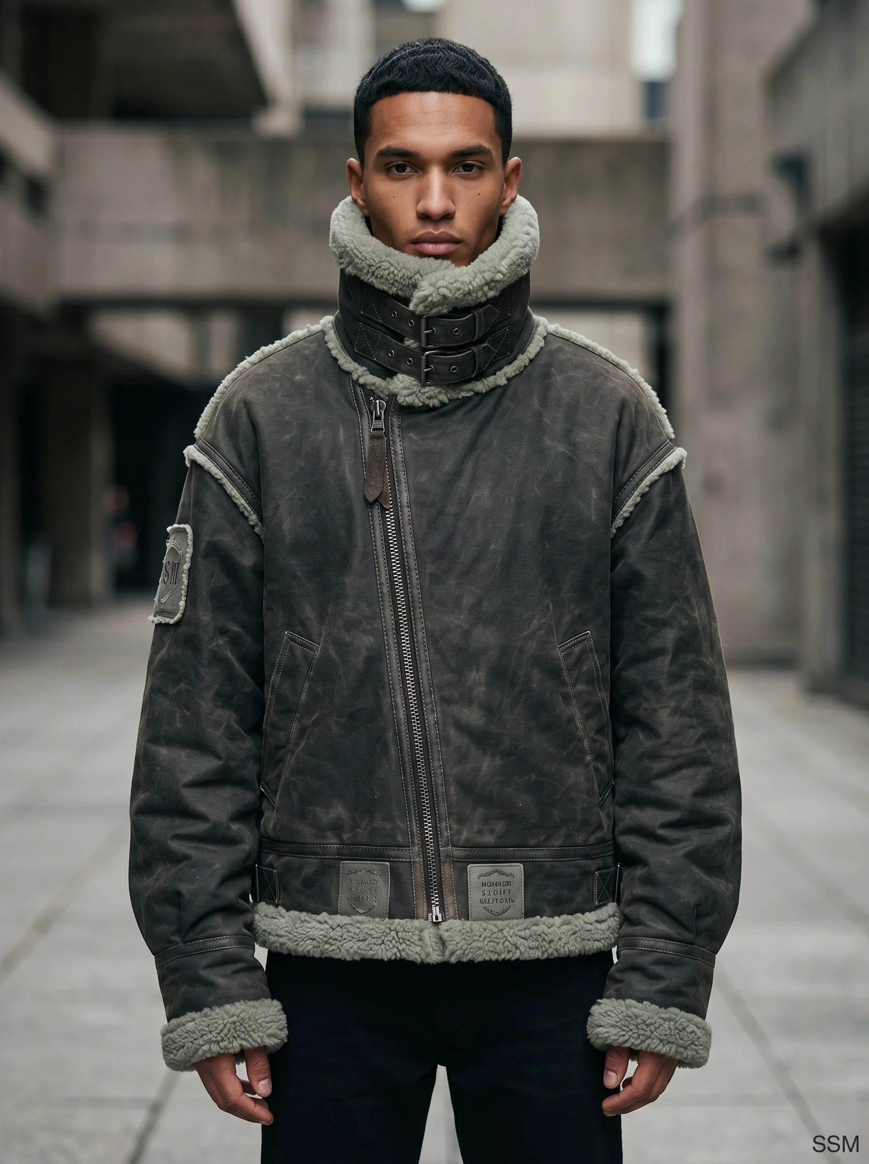 Custom OEM Brutalist B-3 Aviator Shearling Jacket Heavyweight Waxed Canvas Crop Drop Shoulder Streetwear Men Ayzelify manufacturing detail 5