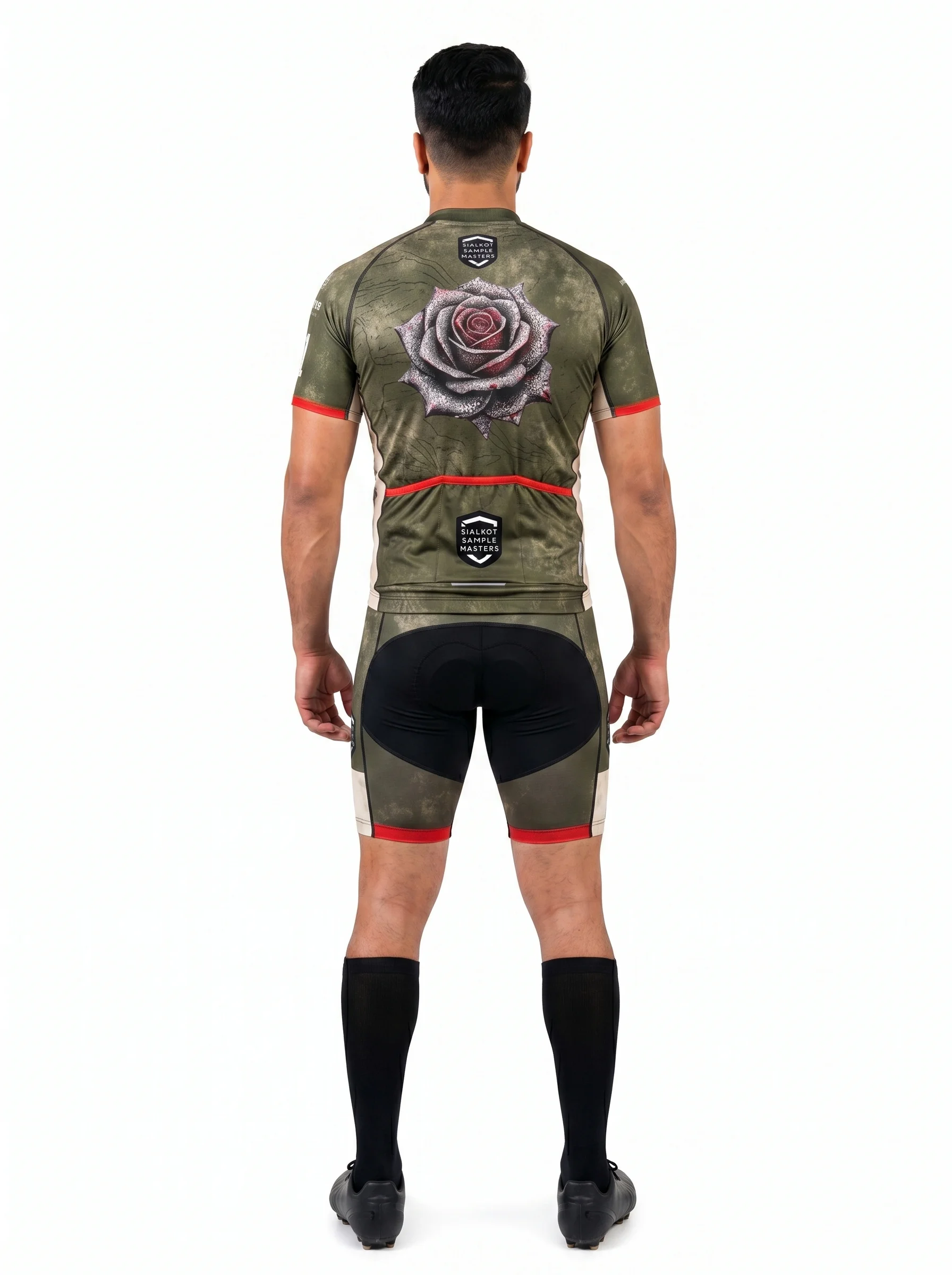 Custom OEM Men's Pro Aero Cycling Kit 140GSM Aero Poly Sublimated Racing Jersey and 220GSM Lycra Bib Short Set manufacturing detail 2