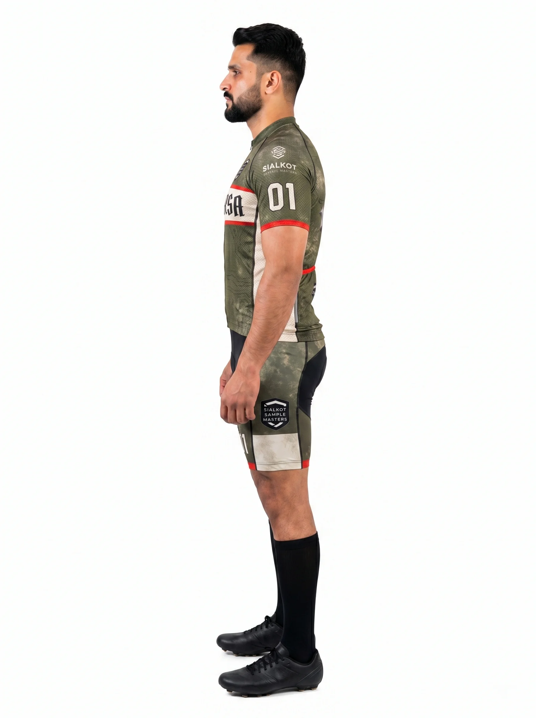 Custom OEM Men's Pro Aero Cycling Kit 140GSM Aero Poly Sublimated Racing Jersey and 220GSM Lycra Bib Short Set manufacturing detail 3