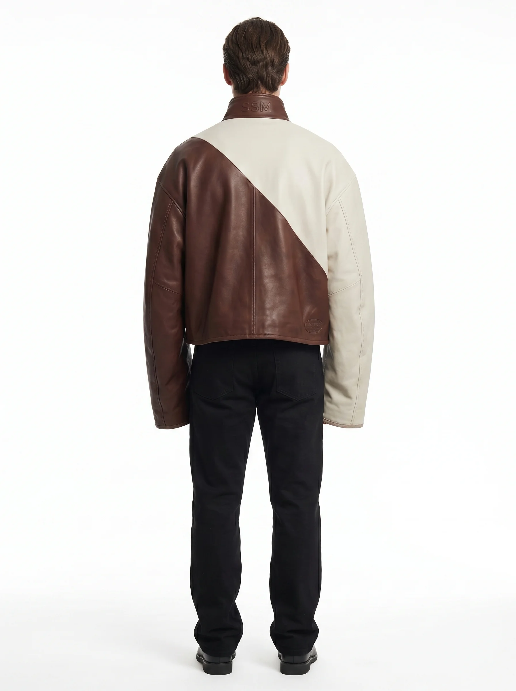 Custom Oversized Two-Tone Leather Cafe Racer Jacket 0.8mm Goatskin Diagonal Color Block Men's Streetwear Outerwear OEM manufacturing detail 2