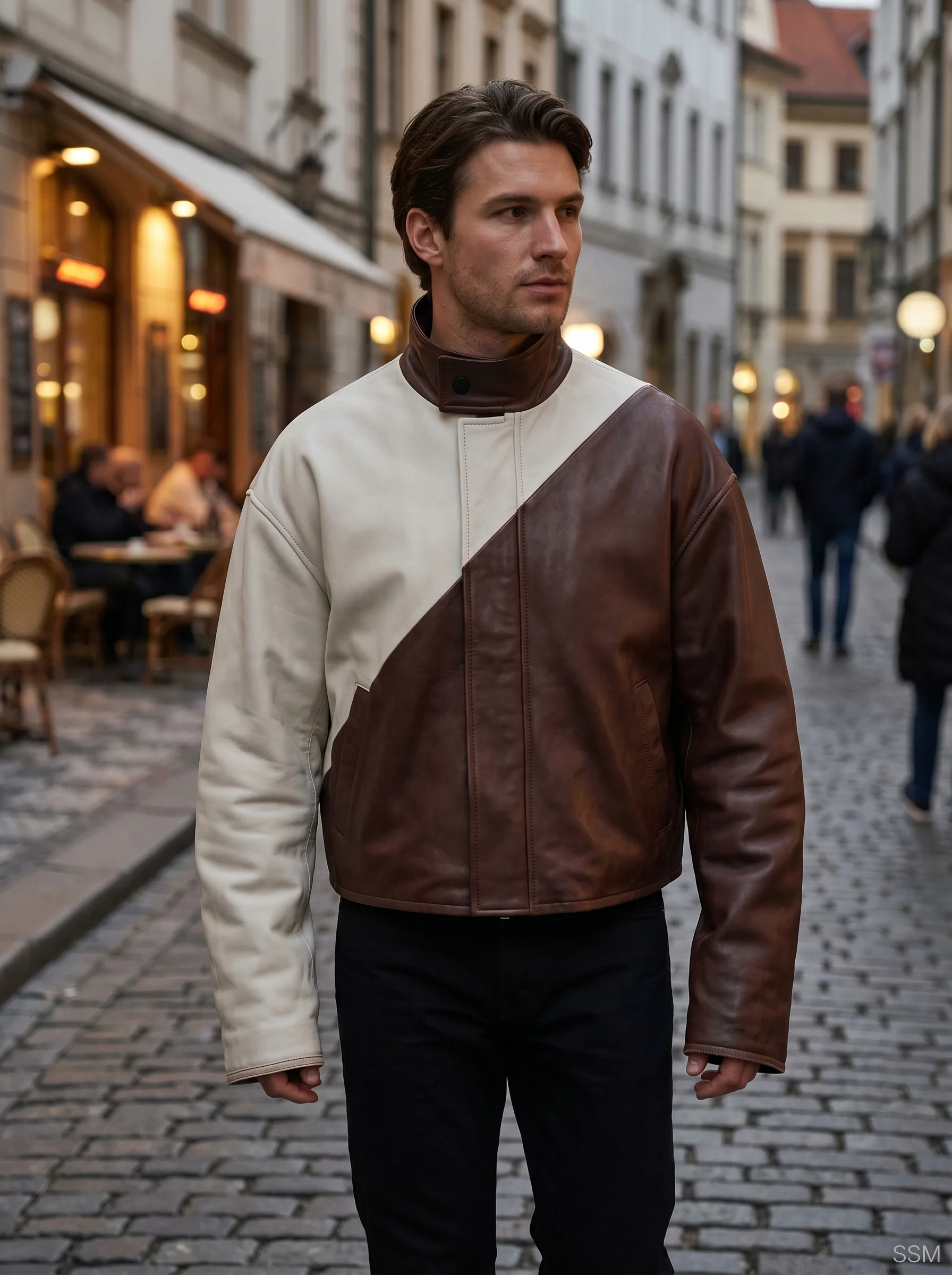 Custom Oversized Two-Tone Leather Cafe Racer Jacket 0.8mm Goatskin Diagonal Color Block Men's Streetwear Outerwear OEM manufacturing detail 5