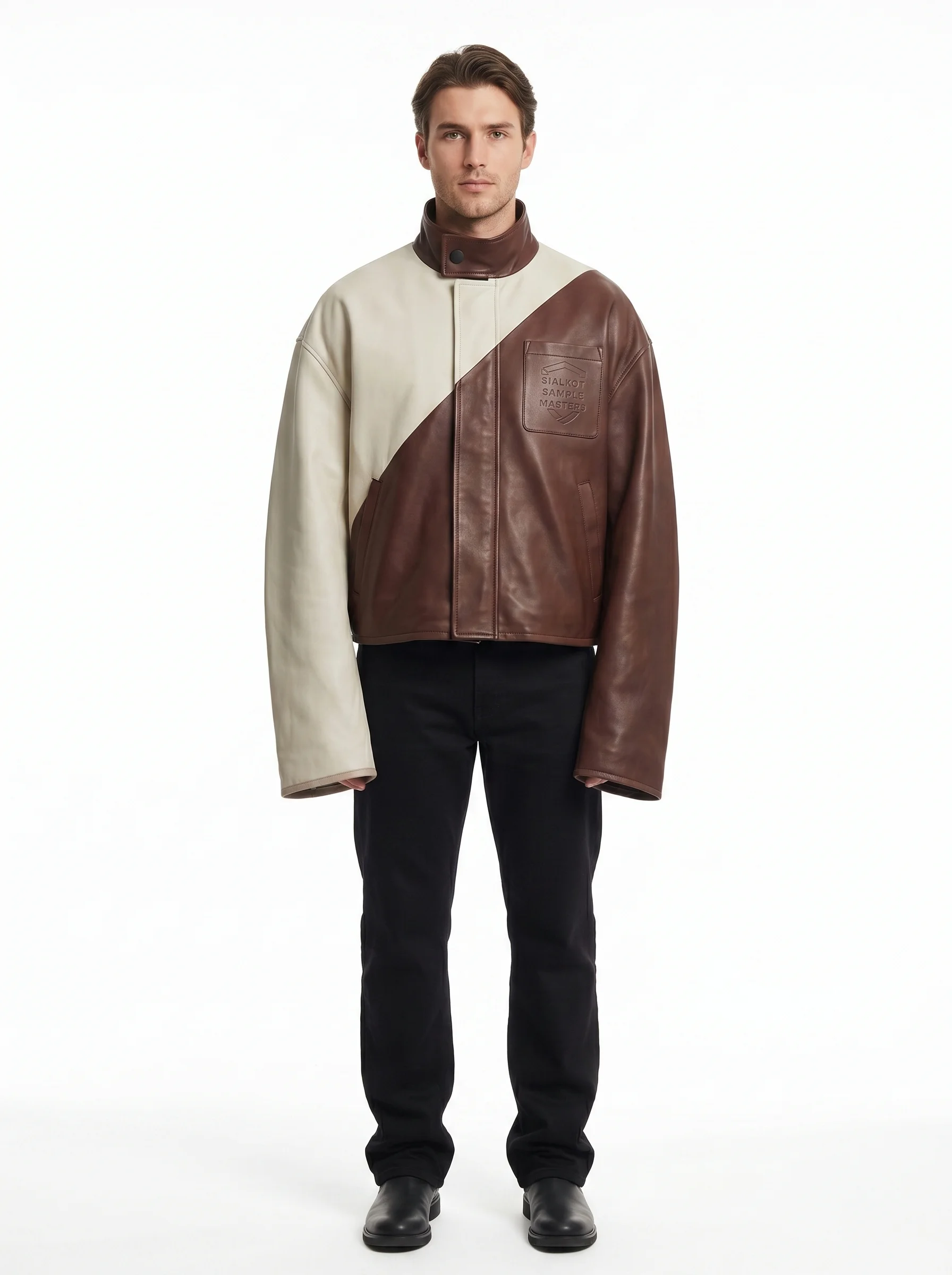 Custom Oversized Two-Tone Leather Cafe Racer Jacket 0.8mm Goatskin Diagonal Color Block Men's Streetwear Outerwear OEM - Custom Apparel Manufacturer Sialkot Pakistan