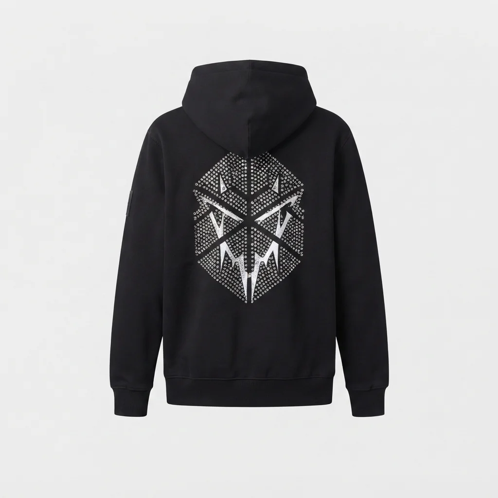 Custom Black Zip Hoodie Fleece Rhinestone Discharge Print Streetwear OEM/ODM manufacturing detail 2
