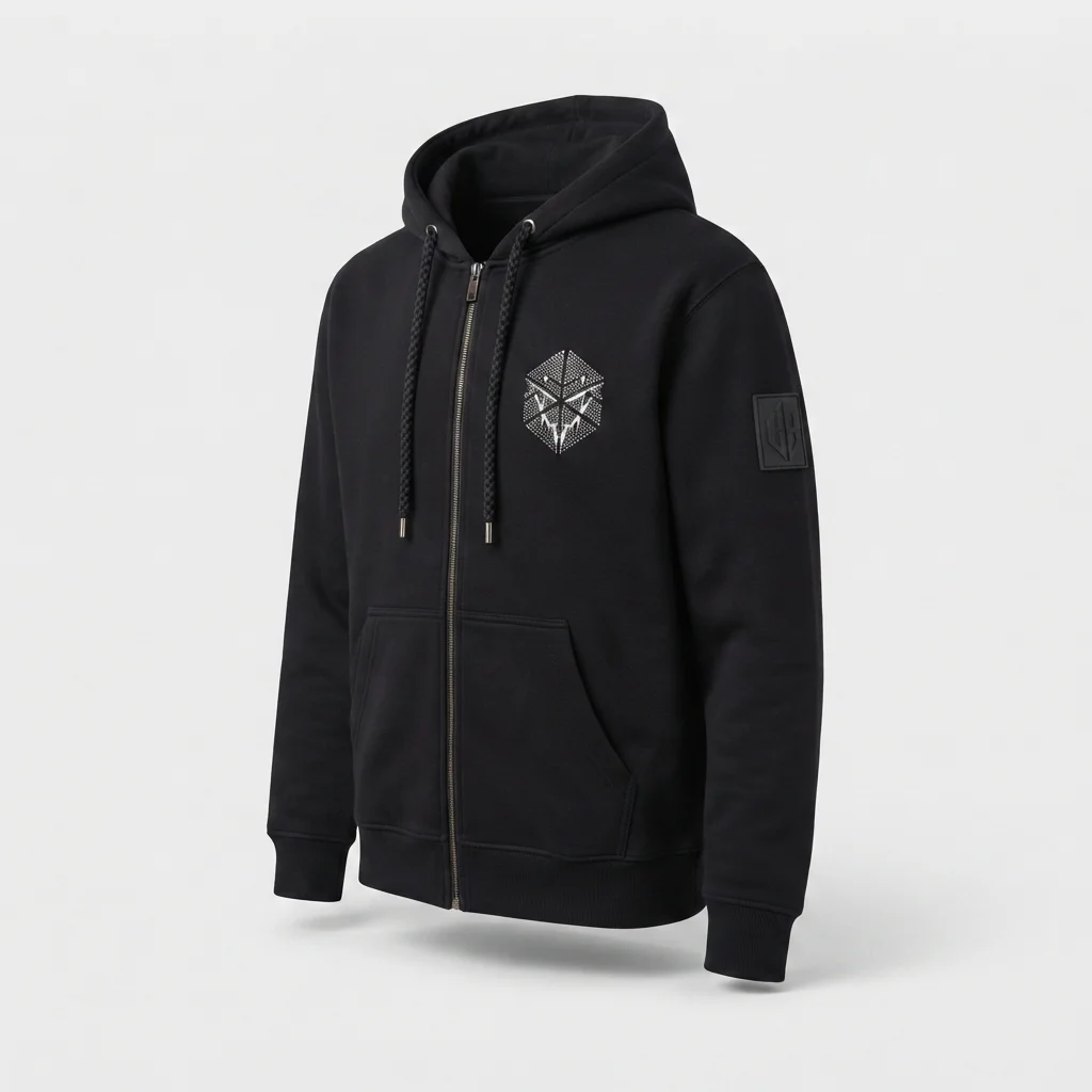 Custom Black Zip Hoodie Fleece Rhinestone Discharge Print Streetwear OEM/ODM manufacturing detail 3